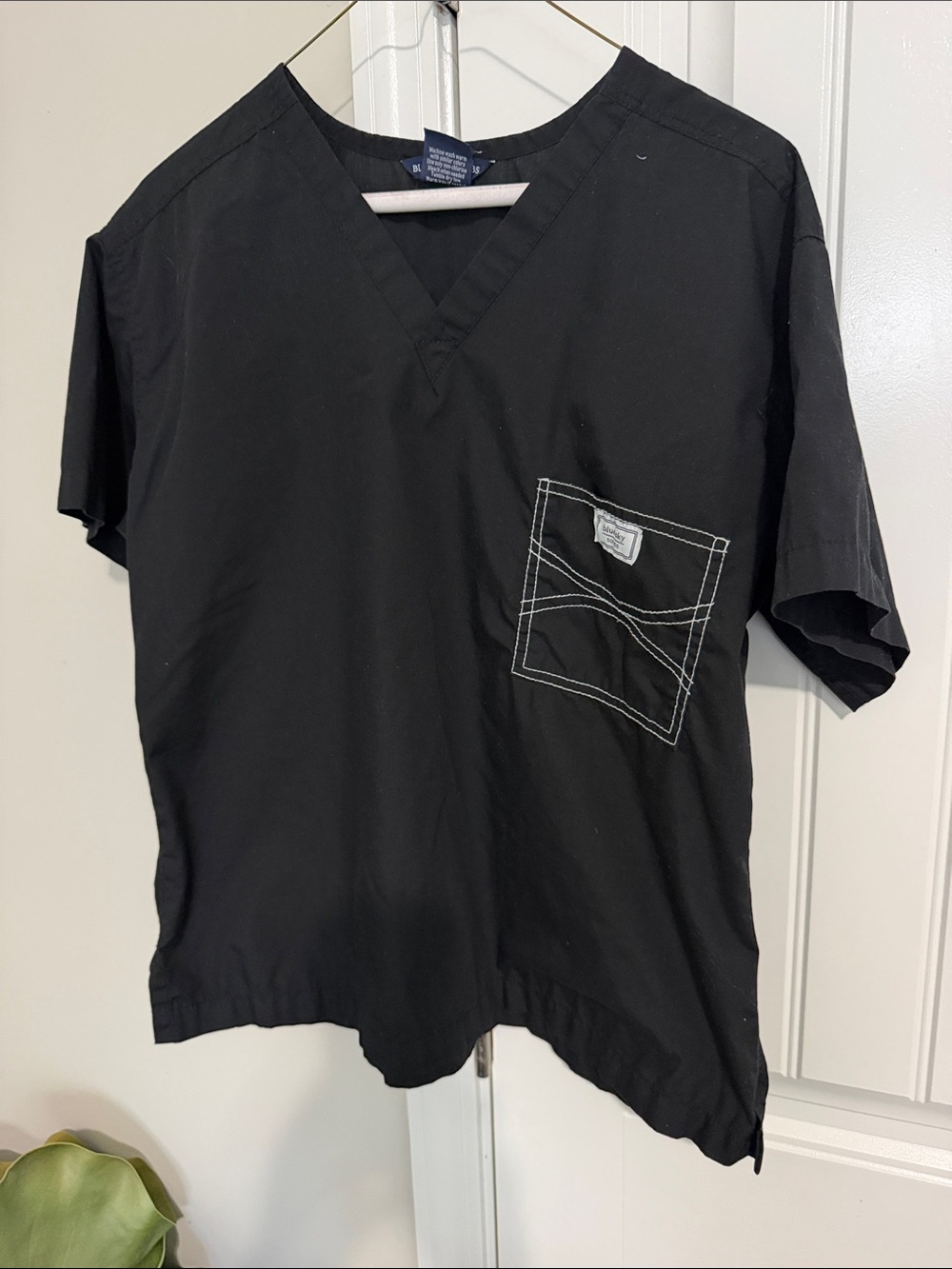 Black womens V-Neck Scrub Top with Contrast Stitching